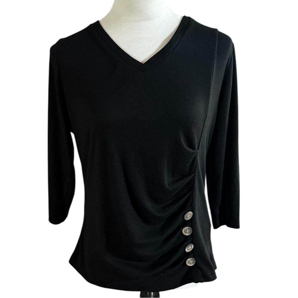 Allegra K Black V-Neck Button Accent Blouse